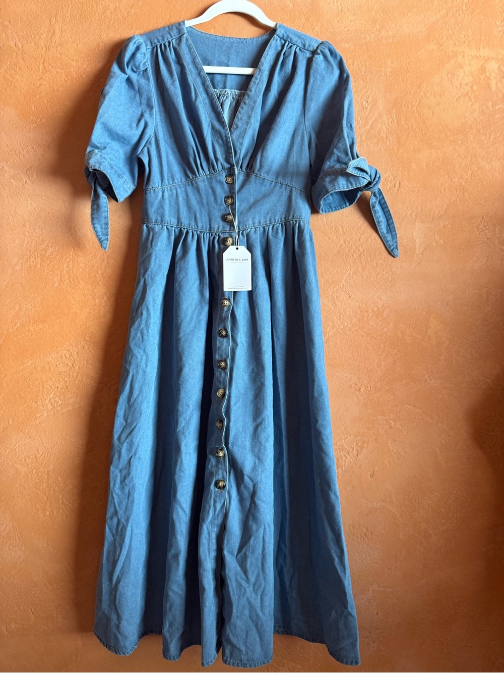 Chambray Prairie Cottagecore Midi Dress Button Front Puff Sleeve Tie Sleeve NWT